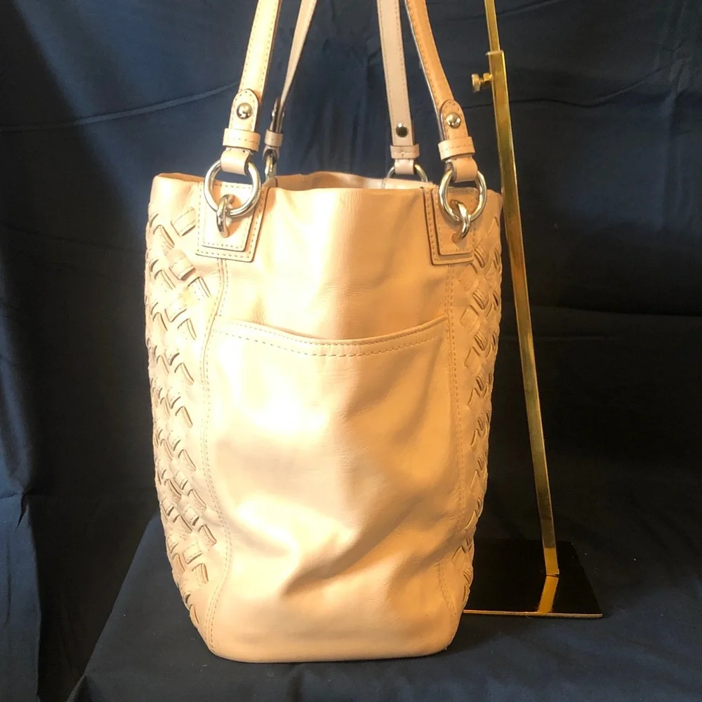 Coach woven leather tote bag EUC 12” x 12” palest pink tan color Rare